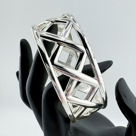 Vintage Silver Tone X-Cuff Bracelet Modern Minimalist Statement Glam Bold - Picture 1 of 7
